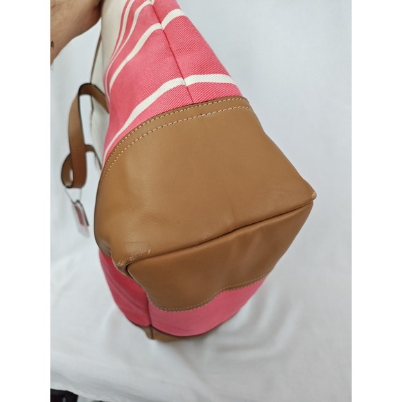 Coach Hadley Variegated Coral & Beige Striped Canvas Leather Tote Bag F30302 - Picture 6 of 16